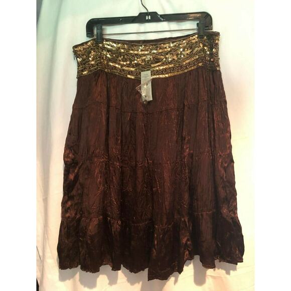 Cache Brown Silk like Boho Hand Sewn Sequins Crinkle Lined Skirt New NWT $138 - Picture 8 of 9